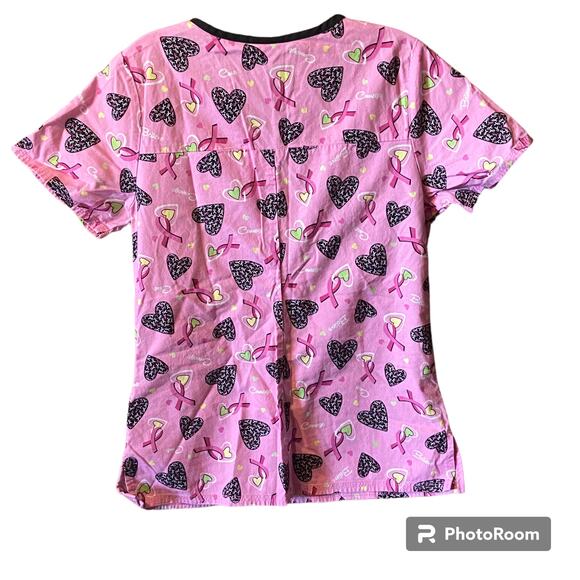 Scrub Star Top X Small Cancer Awareness Pink Ribbon Front Pockets Cap Sleeve - Picture 5 of 8